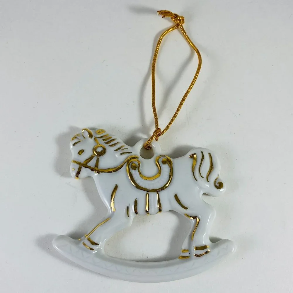 Adorable Little Porcelain rocking horse ornament with 14k painted gold trim